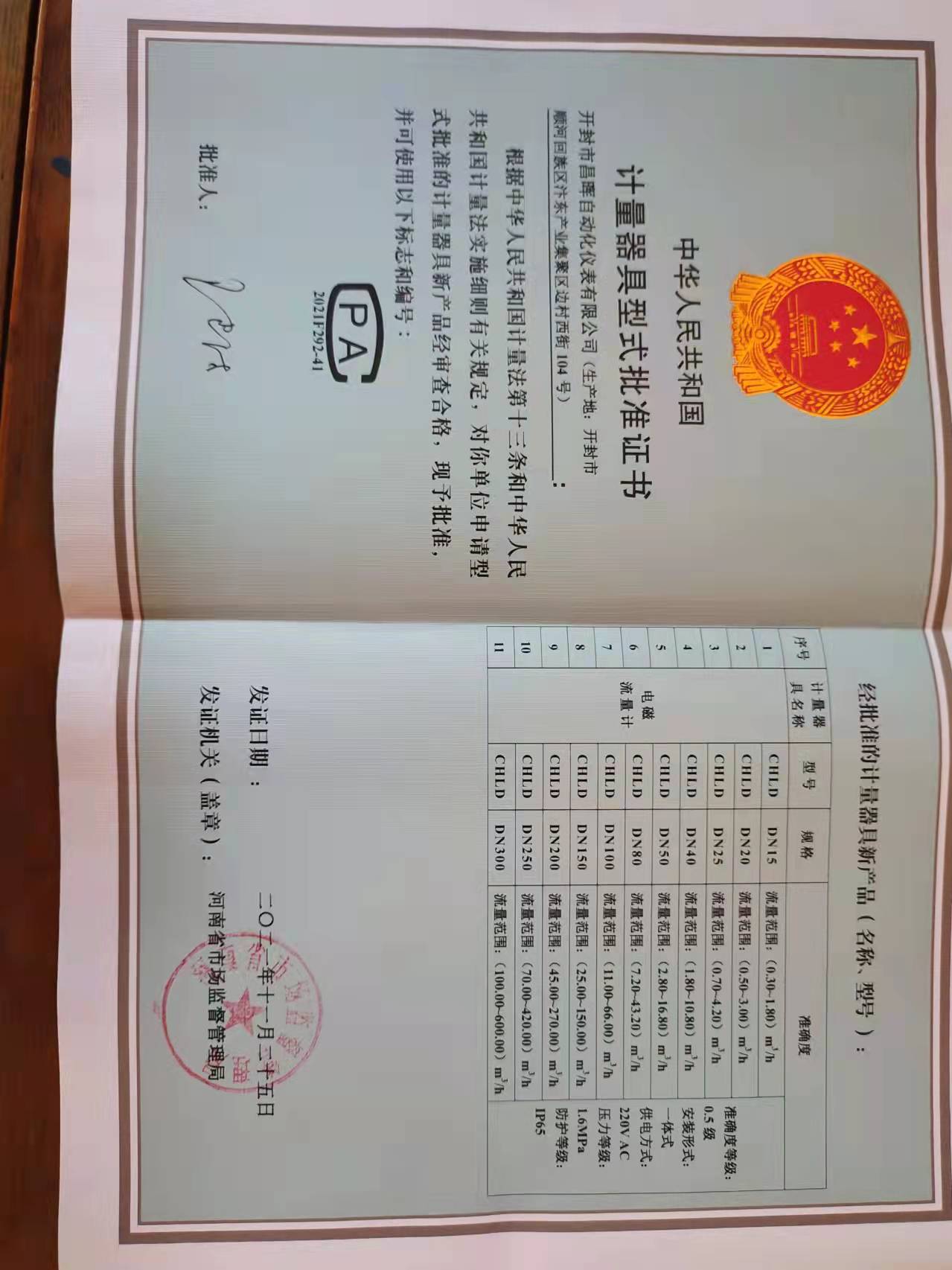 計(jì)量器具型式批準(zhǔn)證書(shū)